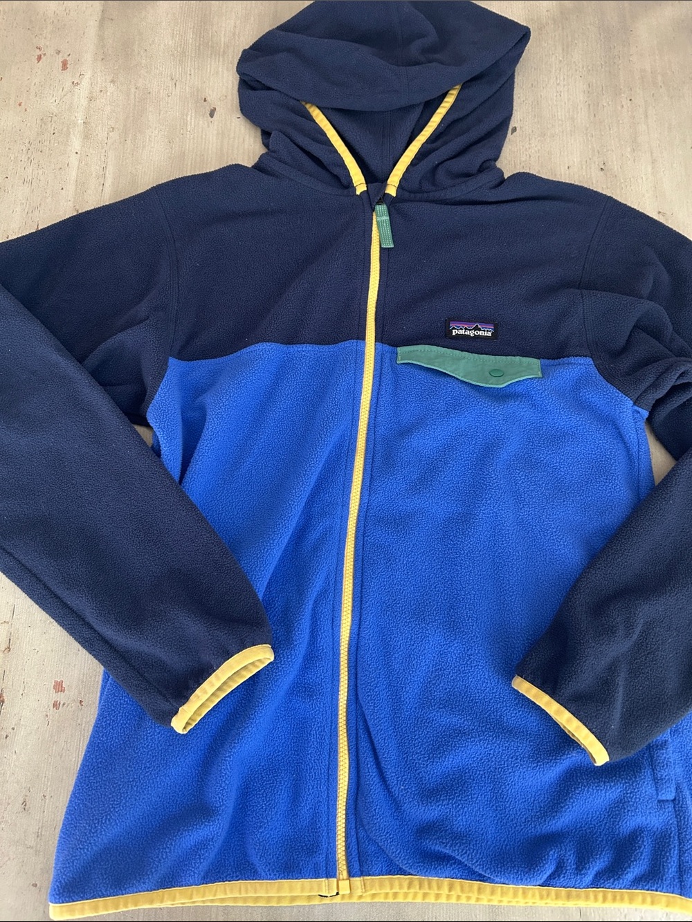 Patagonia Kids Navy & Royal Blue Fleece Hooded Jacket with Yellow Trim